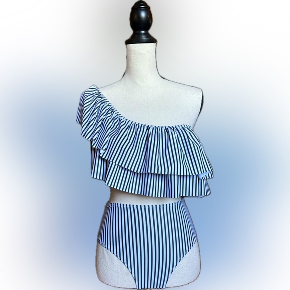 STRIPED RUFFLE ONE SHOULDER HIGH WAISTED BIKINI - Picture 1 of 3